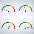 Vector set of colored gauges showing power levels from low to high. Minimum to Maximum. Min to Max.