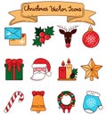 Vector set of colored icons for Christmas with black contour.