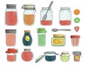 Vector set of colored jam jars isolated on white background. Colorful collection of preserved food in pots Royalty Free Stock Photo