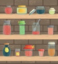 Vector set of colored jam jars on shelves with brick background Royalty Free Stock Photo