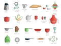 Vector set of colored kitchen tools with lettering