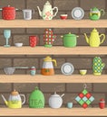 Vector set of colored kitchen tools on shelves with brick background