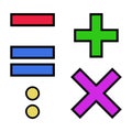 The vector set of colorful arithmetic signs add, subtract, multiply, divide, equal