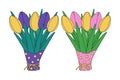 Vector set of 2 colorful bouquet of tulips in wrapping paper in trendy shades of purple and yellow