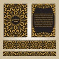 Vector set of colorful brochure templates and borders for business and invitation. Moroccan; Arabic; ornaments in golden color Royalty Free Stock Photo