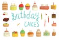 Vector set of colorful cakes with candles, balloons, presents