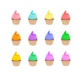 Vector set of colorful cupcakes, color samples, icons isolated on white background. Royalty Free Stock Photo