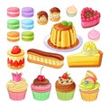 Vector set of colorful desserts macarons, profiteroles, pie, strawberry fraisier, eclair, lemon cake, flan, meringues