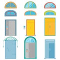 Vector set of colorful doors and fanlights on white background. Blue, yellow, gray, purple, turquoise.