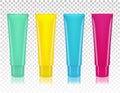 Vector set of colorful empty cosmetics, cream containers, tubes. transparent background. Mock up.