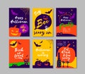 Vector set of colorful Halloween party invitations or greeting cards with calligraphy and classic holiday symbols. Royalty Free Stock Photo