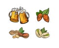 Vector set of colorful icons, Beer mug and nuts, beer and snacks concept, bar menu design elements isolated.