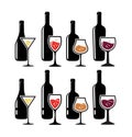 Vector set of colorful icons of wine bottles and wineglasses Royalty Free Stock Photo