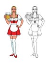 Vector set of colorful and line illustration of a pretty cute waitress with a mug of bear.