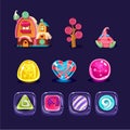 Vector set of colorful mobile game assets. Glossy caramel candies of various shapes, gingerbread house, sweet tree