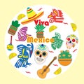 Vector set of colorful objects, cartoons and icons of Mexico.