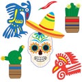 Vector set of colorful objects, cartoons and icons of Mexico.