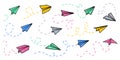 Vector set of colorful paper airplanes. Hand-drawn, doodle elements isolated on white background. Royalty Free Stock Photo