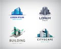 Vector set of colorful real estate logos, city and skyline icons, illustrations. Architect construction