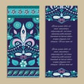 Vector set of colorful vertical banners for business and invitation. Ethnic indian kalamkari ornament. Floral paisley pattern
