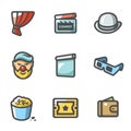 Vector Set of Comedy Cinema Icons. Curtain, Movie Clapper, Bowler, Jester, Screen, 3D Glasses, Popcorn, Ticket, Wallet.