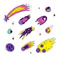 Vector set with comets, meteorites and stars. Doodle style. Colored isolates. 10 objects + stars
