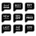 Vector set of comic speech bubbles with sale phrases. Discount card collection, Buy Now, Special Offer, Best Choice etc. Royalty Free Stock Photo