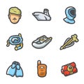 Vector Set of Commandos Icons. Soldier, Ship, Wetsuit, Underwater Mask, Boat, Harpoon, Flippers, Radio, Dynamite.