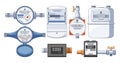 Vector Set Communal Services Meters Measure Collective Consumption Of Utilities Like Water, Gas, Or Electricity