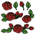 Vector set with composition of embroidery red Rose flower, bud and green leaves isolated. Floral patch with embroidered roses.