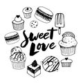 Vector set confectionery and sweets icons. Dessert, lollipop, ice cream with candies, macaron and pudding. Donut and cotton candy