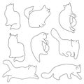 Vector set of contour cat silhouettes. Different postures: sitting, lying, resting, playing, hunting. Isolated on white background Royalty Free Stock Photo