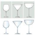 Vector set with contour glasses for wine, champagne and martini in black and color isolated on white background. Royalty Free Stock Photo