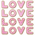 Vector set of cookies in the form of love letters in pink icing Royalty Free Stock Photo