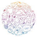 Vector set of cooking, gastronomy, vector cuisine and fast food cafe icons in doodle style. Painted, colorful, gradient