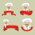 Vector set of cooks in different positions. Cartoon chefs cooking and holding tray with food Royalty Free Stock Photo