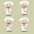 Vector set of cooks in different positions. Cartoon chefs cooking and holding tray with food Royalty Free Stock Photo
