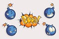 Vector set of cool stickers with cartoon bombs and Boom lettering. Hand drawn funny characters in different emotions in comics st