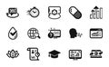 Vector set of Copywriting notebook, Graduation cap and Web traffic icons simple set. Vector