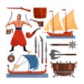 Vector set of Cossacks objects, icons and design elements in flat style. Cossack man, weapons, boats, drum