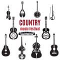 Vector set of country music instruments, black and white flat design. Royalty Free Stock Photo