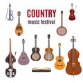 Vector set of country music instruments, flat design. Royalty Free Stock Photo