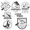 Vector set of cowboy labels in vintage style. Wild west, sheriff, american rodeo. Design elements, icons. Royalty Free Stock Photo