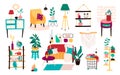 vector set of Cozy Scandinavian Furniture for Home. modern Hand drawn Interior collection.Hugge elements for Living Room Royalty Free Stock Photo