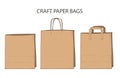 Vector Set of craft paper bags. Giving lunch brown craft shopping package mock up. Safe delivery courier service order