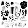 Vector set of creative textures. Collection of ink splashes, spots and blots isolated on the white. Royalty Free Stock Photo