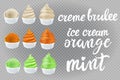 Vector set creme brulee, vanilla, orange, mint, kiwi Ice cream in the cone on transparent background lettering hand made text