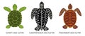 Vector set of critically endangered sea turtles. Three colored icons of the hawksbill sea turtle, green sea turtle and leatherback