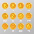 Vector set of Cryptocurrency gold coins with Bitcoin, ETH, LTC, XRP, DASH, ZEC, XMR, QTUM, IOT, NEN, DOGE, VTC. Digital