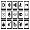 Set Of Cryptocurrency Icons On Smartphones Isolated Royalty Free Stock Photo